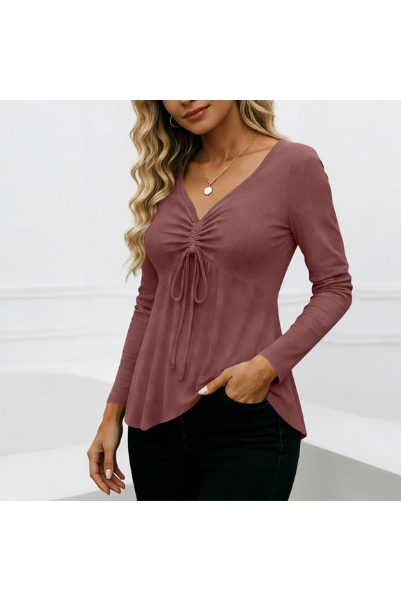 Women's Tunic Tops for Leggings Long Sleeve Tie Front Drawstring Casual Spring Blouses Pleated Ruffle Shirts
