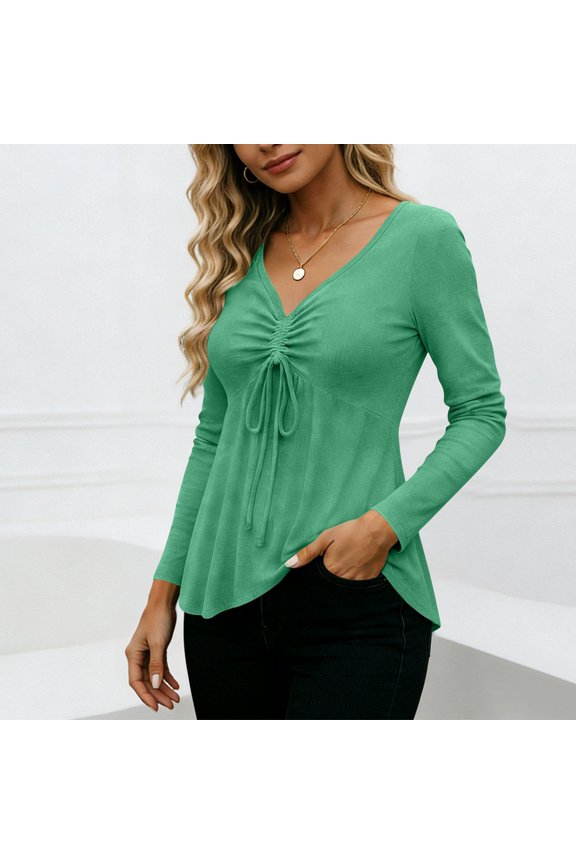 Women's Tunic Tops for Leggings Long Sleeve Tie Front Drawstring Casual Spring Blouses Pleated Ruffle Shirts