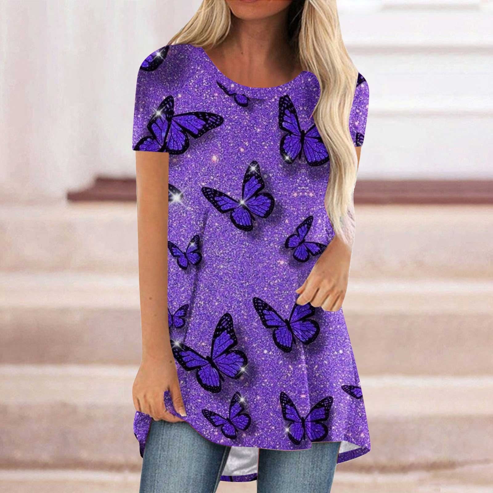 Women's Tunic Tops to Wear with Leggings Crew Neck Butterfly Printed