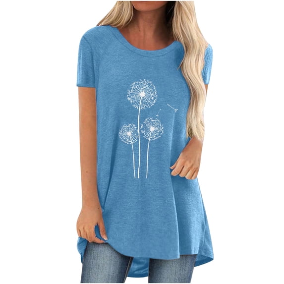 BLVB Women's Tunic Tops to Wear with Leggings Crew Neck Printed Flowy Shirts Summer Casual Baggy Short Sleeve Blouse Tee