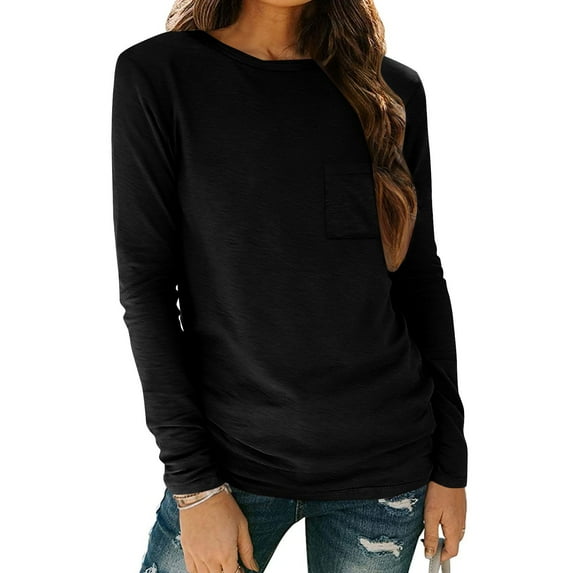 Women's Tunic Tops with Chest Pocket Long Sleeve Round Neck Cotton Tee Shirts Fall Casual Plain T-shirt Tshirts (XL, Black)