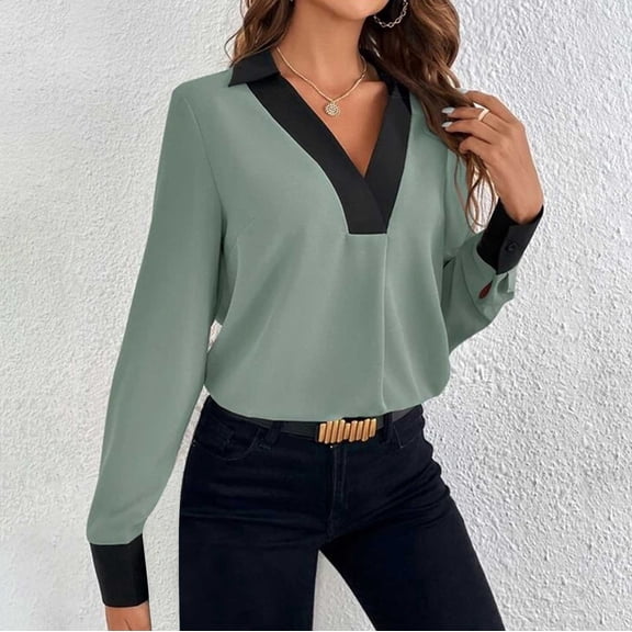 Women's Tunic V Neck Color Block Puff Long Sleeve Shirts Dressy Casual Business Tops Relaxed Fit Trendy Blouses Green XXL