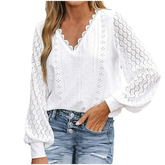Women's Tunics Tops Dressy Casual Lace Crochet Eyelet Long Sleeve Blouses V NeckPullover Summer Office Work Shirts, White, L