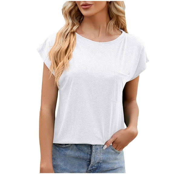 Women's Tunics Tops Summer Casual Cap Sleeve Crewneck T Shirt with Pocket Basic Loose Fitted Dressy Going Out Blouses, White, XL