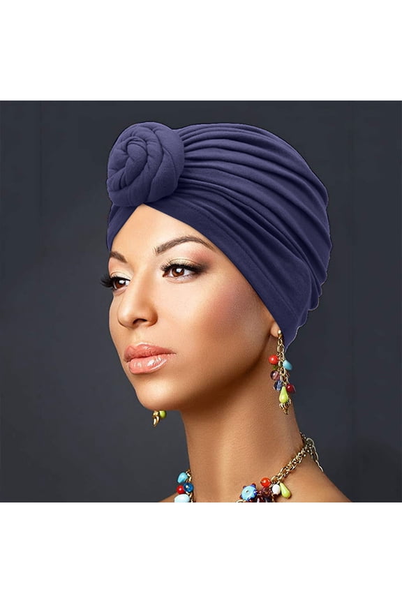 Women's Turban Hat, Elastic Solid Color Headwrap, Muslim Hijab Cap, Flat Beanie Undercap, Hair Cover for Daily Wear and Fashion-Navy