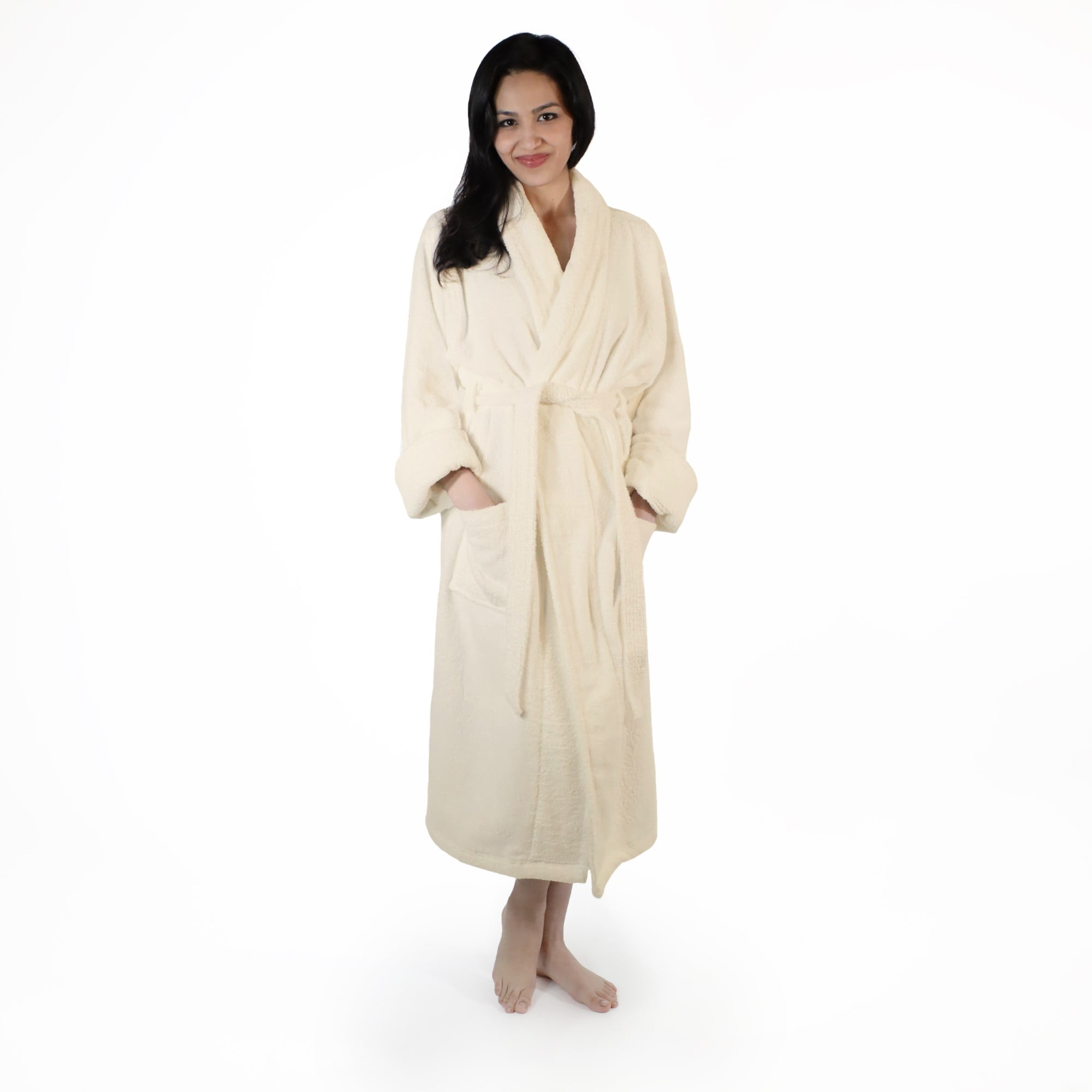Ivory Mid-Calf Turkish Cotton Terry Cloth Bathrobe with Pockets