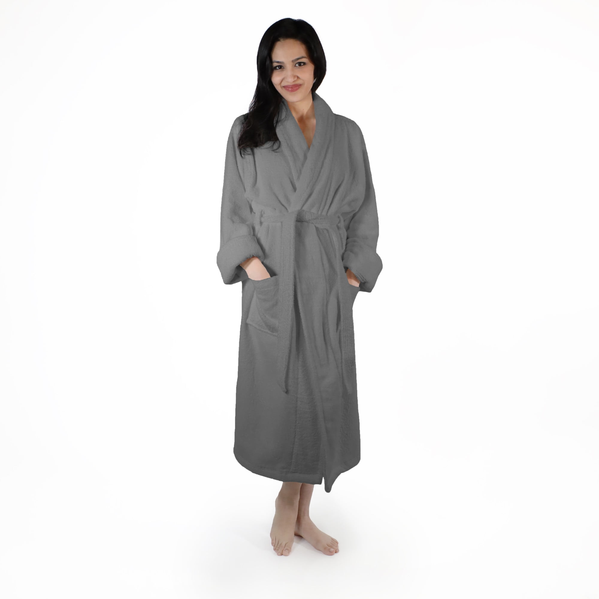 Women's Gray Turkish Cotton Terry Cloth Bathrobe with Pockets