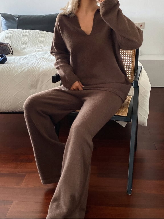 Women's Turn Collar Knit Sweater & Wide Leg Pants Two Piece Set