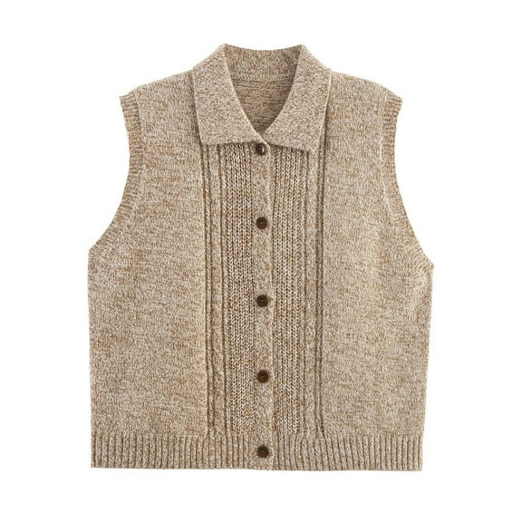 Women's Turndown Collar Sleeveless Single Breasted Solid Knit Vest Casual Comfortable Cardigan Vintage Loose Knitted Sweater Vest Tops