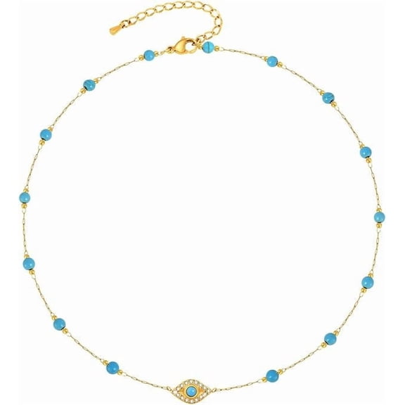 Women's Turquoise Gold Choker Necklace - 14K Gold Plated Evil Eye Turquoise Beaded Necklaces,Non Tarnish Golden Lucky Protection Jewelry,Summer Beach Choker Gifts for Women Girlfriend Sister Wife