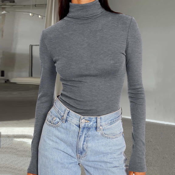 Women's Turtle Neck Long Sleeve Shirts Merino Tops Fitted Slim Fit Basic Tees Cozy Embrace Collection Gray L