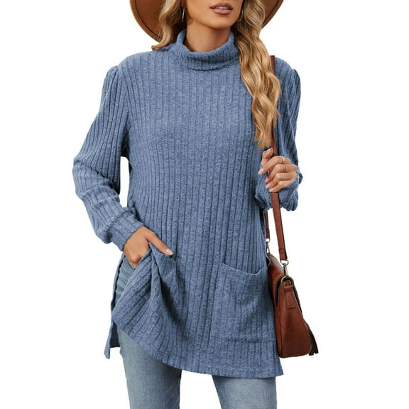 New Women's Turtle Neck Tunic Tops Hem Shirts Sweaters Ribbed Knit Side Split Pullover Tops with Pockets