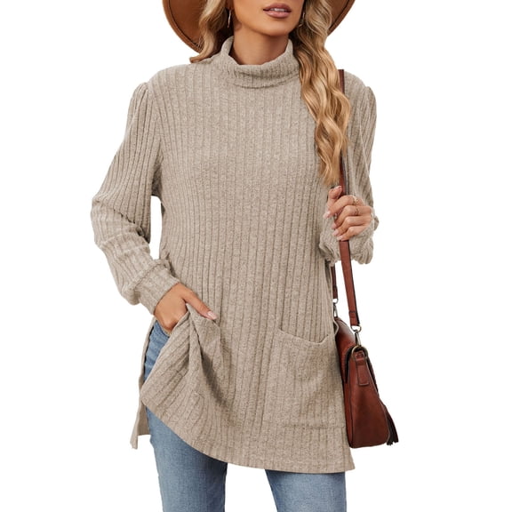 New Women's Turtle Neck Tunic Tops Hem Shirts Sweaters Ribbed Knit Side Split Pullover Tops with Pockets