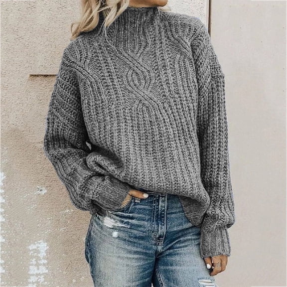 Women's Turtle Neck Twist Knitted Sweater Long Sleeve Oversized Loose Cable Pullover Sweater Casual Daily Top