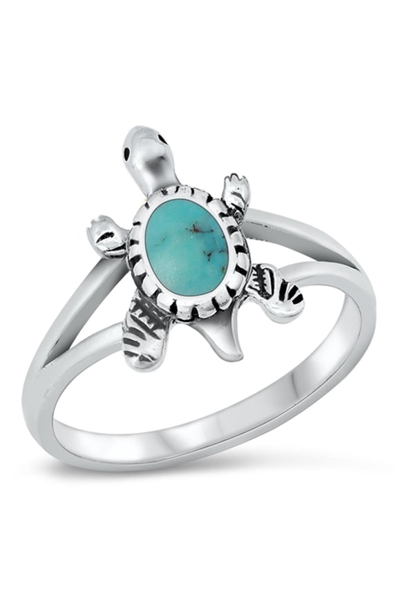 Women's Turtle Simulated Turquoise Ring .925 Sterling Silver Band Blue CZ Jewelry Female Size 9