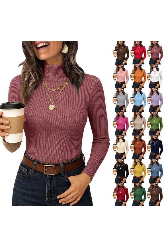 Women's Turtleneck Base Layer Long Sleeve Ribbed Knit, Slim Fit Thermal Winter Undershirt Light Brown M