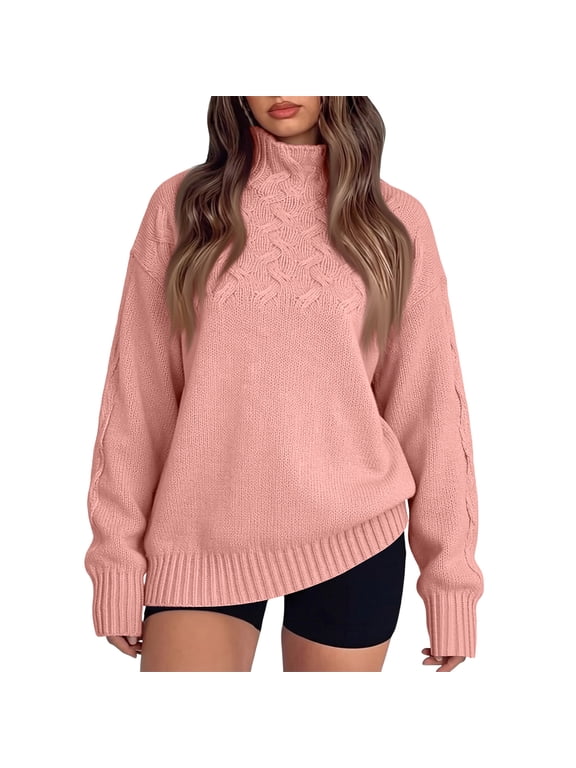 Women's Turtleneck Cable Knit Sweater, Loose Plus Size Pullover Long Sleeve Chunky Warm Outerwear Coat, Pink, 4XL