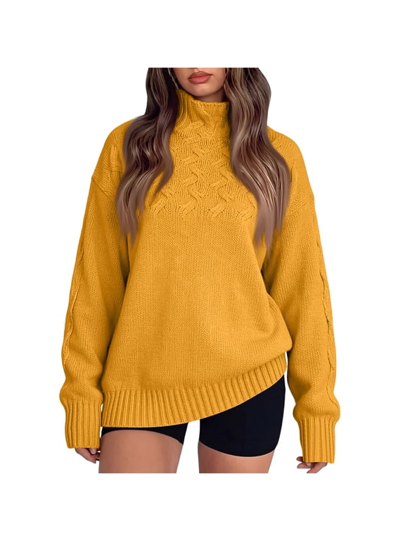 Women's Turtleneck Cable Knit Sweater, Loose Plus Size Pullover Long Sleeve Chunky Warm Outerwear Coat, Yellow, 3XL