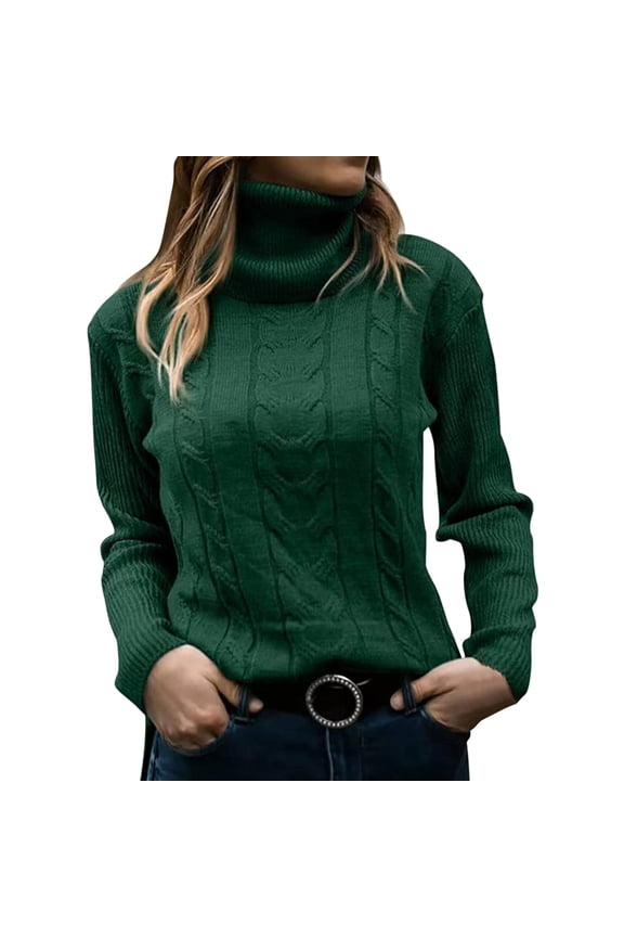 Women's Turtleneck Cable Knit Sweaters Green XXXS