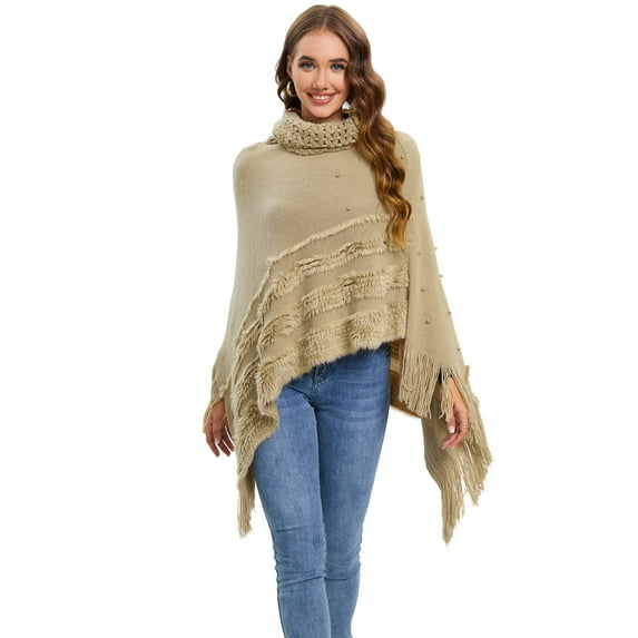 Women's Turtleneck Cape Poncho Knitted Shawl Tassel Fringed Pullover Poncho Sweater Cape Shawl Wrap for Women