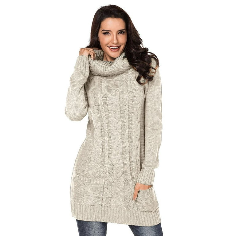 Women s Turtleneck Casual Loose Sweater Dress Long Sleeve Cable