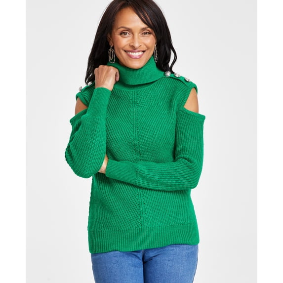 Women's Turtleneck Cold-Shoulder Sweater Bright Pine XS
