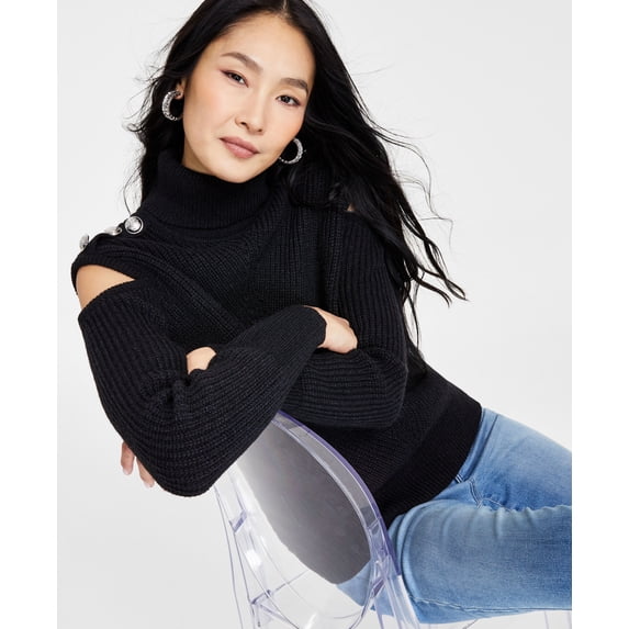 Women's Turtleneck Cold-Shoulder Sweater Deep Black XXL