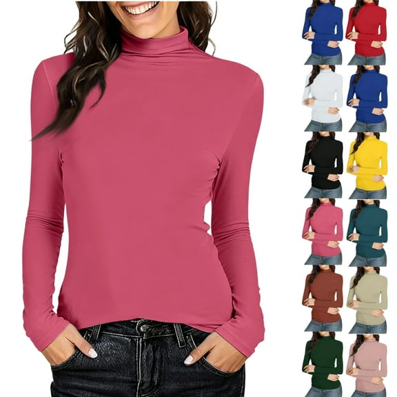 Women's Turtleneck Cotton Long Sleeve Tops Casual Loose Fit Shirts Basic Tunic Trendy Undershirt Tee(Hot Pink,S)