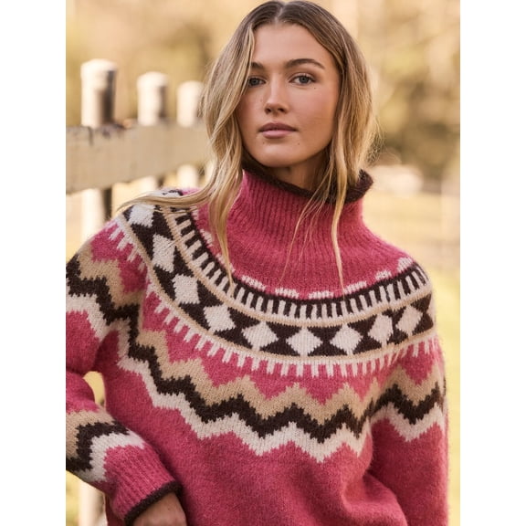 Women's Turtleneck Fair Isle Knit Sweater, Long Sleeve Retro Geometric Pattern Loose Pullover Top for Fall Winter Casual Daily Wear