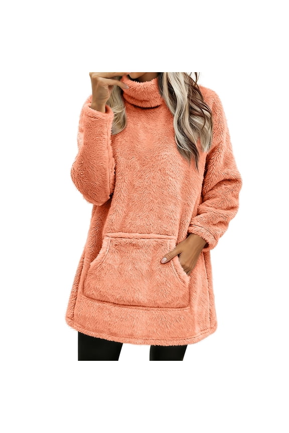 Women's Turtleneck Fleece Sweater, Loose Fit Fleece Turtleneck Sweater Mock Neck sweatshirt women Women's Longline Fleece Pullover with Pocket Sherpa Long Sleeve, Orange 2XL