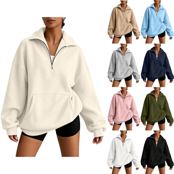 Women's Turtleneck Half Zip Sweatshirt Casual Solid-Color Button-Down Zipper Front Pocket Long-Sleeved Sports Hoodie