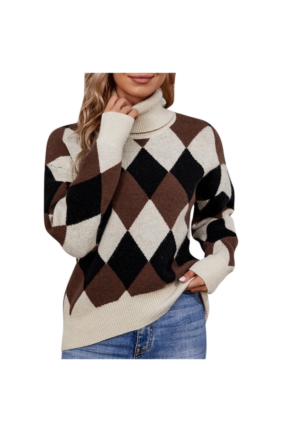 Women's Turtleneck Knit Sweater Long Sleeve Plaid Fall Winter Sweaters Casual Comfy Pullover Knitwear Tops