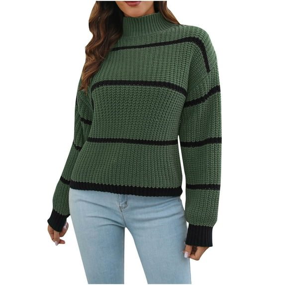 Women's Turtleneck Knit Sweater Long Sleeve Stripes Fall Winter Sweaters Casual Loose Soft Pullover Jumper Tops Ladies Clothes