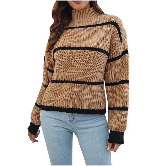 Women's Turtleneck Knit Sweater Long Sleeve Stripes Fall Winter Sweaters Casual Loose Soft Pullover Jumper Tops Ladies Clothes