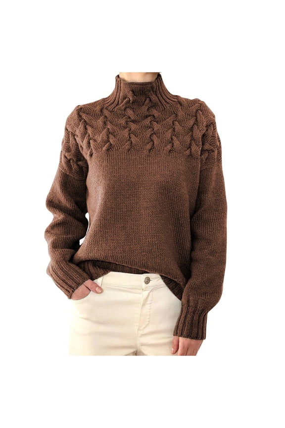 Women’s Turtleneck Knitted Sweater Long Sleeves Casual Loose Solid Pullover Jumper Tops Winter Soft Knit Sweater Tops