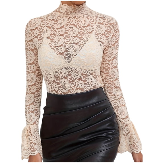 Women's Turtleneck Lace Floral Shirts Lace Long Sleeve Tops for Women Hollow Basic Shirt Corset Blouses & Shirts