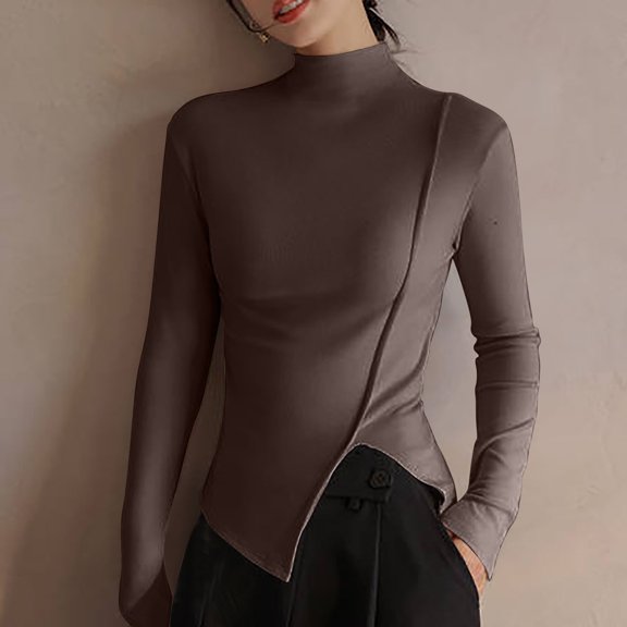Women's Turtleneck Long Sleeve Fall Basic Layering Slim Fit Soft Thermal Underwear Stretch Side Slit Lightweight Tops Coffee S