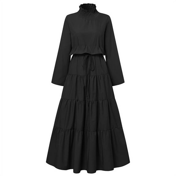 Women's Turtleneck Long Sleeve Flowy Pleated Tunic Retro Style Dresses