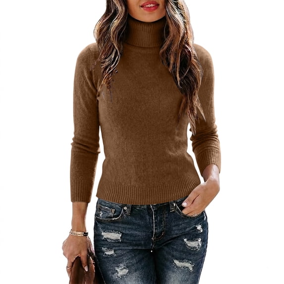 Women's Turtleneck Long Sleeve Knit Sweater, Soft Stretchy Knitted Tops for Casual Daily Layering, Fall Winter Basic Fitted Knitwear for Ladies Brown 3XL