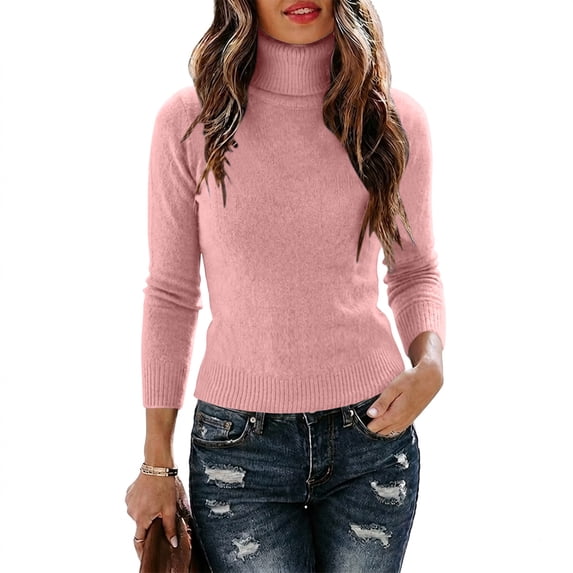 Women's Turtleneck Long Sleeve Knit Sweater, Soft Stretchy Knitted Tops for Casual Daily Layering, Fall Winter Basic Fitted Knitwear for Ladies Pink L