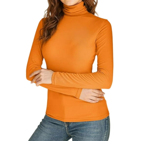 Women's Turtleneck Long Sleeve Shirt Slim Fit Thermal Base Layer Tops Orange M