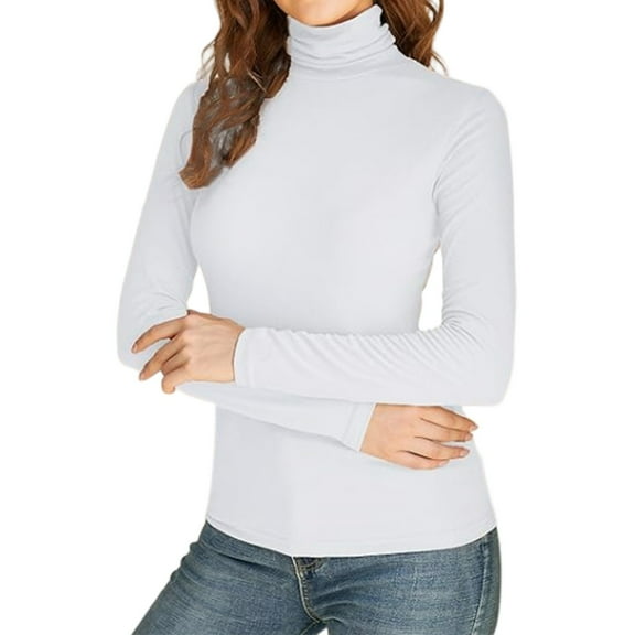 Women's Turtleneck Long Sleeve Shirt Slim Fit Thermal Base Layer Tops White 2XL