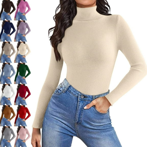 Women's Turtleneck Long Sleeve Shirts 2025 Fall Basic Tees Ribbed Fitted Tops Thermal Layering Knit Top Clothes，Beige M