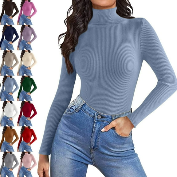 Women's Turtleneck Long Sleeve Shirts 2025 Fall Basic Tees Ribbed Fitted Tops Thermal Layering Knit Top Clothes，Blue M