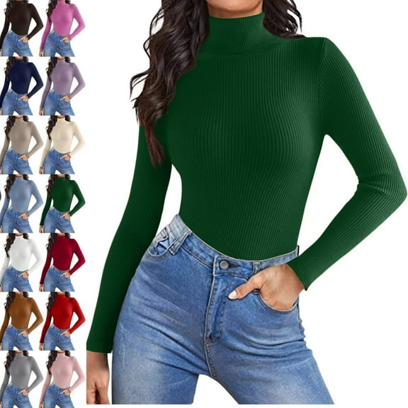 Women's Turtleneck Long Sleeve Shirts 2025 Fall Basic Tees Ribbed Fitted Tops Thermal Layering Knit Top Clothes,Dark Green S