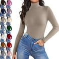thumbnail image 1 of Women's Turtleneck Long Sleeve Shirts 2025 Fall Basic Tees Ribbed Fitted Tops Thermal Layering Knit Top Clothes，Khaki XL, 1 of 6