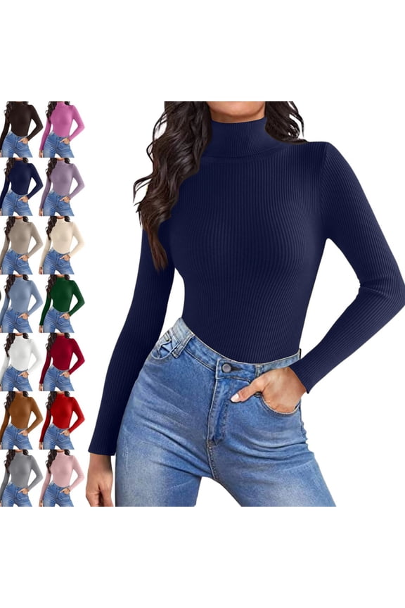 Women's Turtleneck Long Sleeve Shirts 2025 Fall Basic Tees Ribbed Fitted Tops Thermal Layering Knit Top Clothes,Navy M