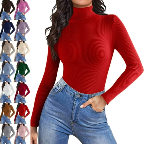 Women's Turtleneck Long Sleeve Shirts 2025 Fall Basic Tees Ribbed Fitted Tops Thermal Layering Knit Top Clothes,Red S