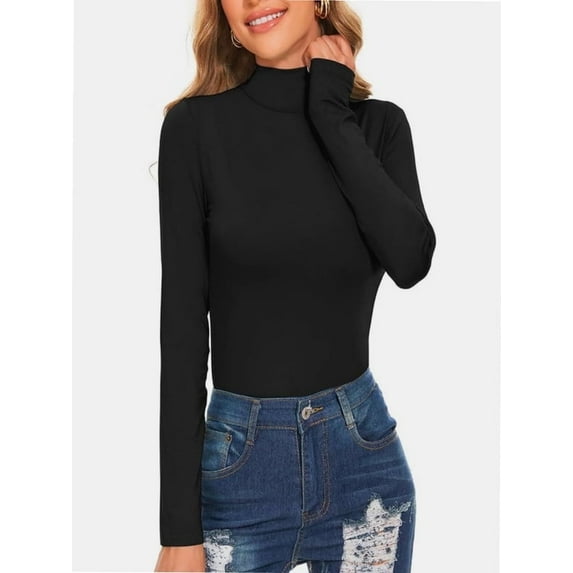 Women's Turtleneck Long Sleeve Shirts Casual Basic T Shirts Lightweight Base Layer Solid Slim Fit Tops