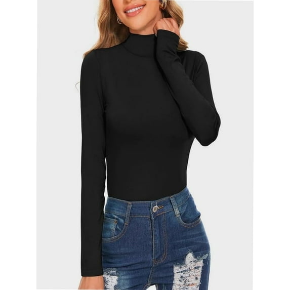 Women's Turtleneck Long Sleeve Shirts Casual Basic T Shirts Lightweight Base Layer Solid Slim Fit Tops